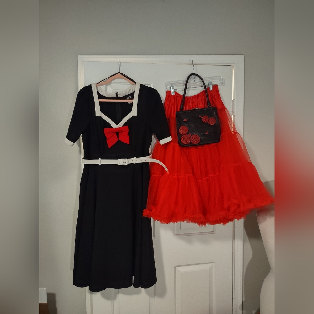 Collectif London Fit & Flare Black Dress, Hell Bunny Red Petticoat Size 2X